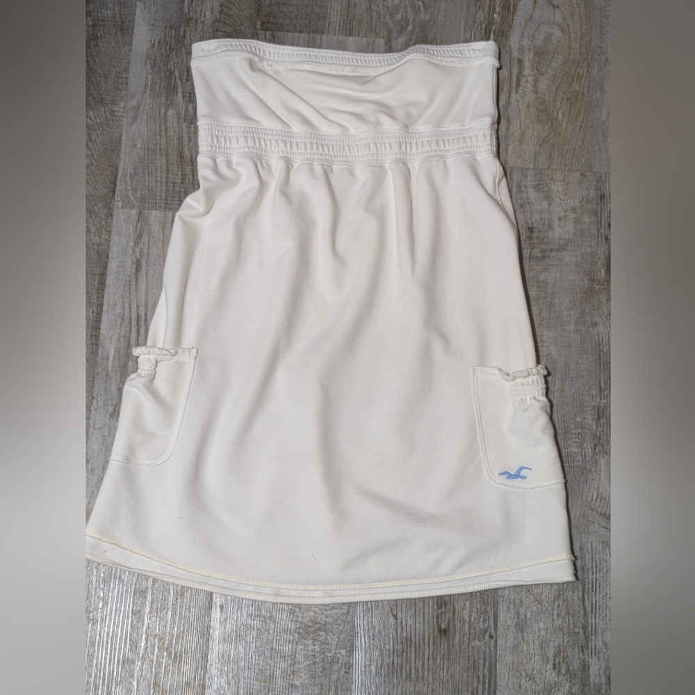 Hollister Cream Strapless Dress with Blue Logo